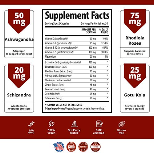 Adrenal Support Ashwagandha Capsules - Cortisol Manager - A Supplement contai...