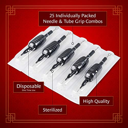 One Tattoo World 25 DISPOSABLE TATTOO NEEDLES TUBE GRIPS ROUND LINER 7RL