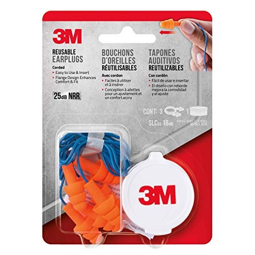 3M Corded Reusable Earplugs, 3-Pair with Case (90716-80025T)