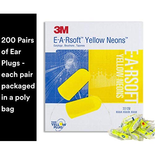 3M Ear Plugs, 200 Pairs/Box, E-A-Rsoft Yellow Neons 312-1250, Uncorded, Dispo...