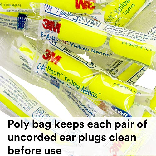 3M Ear Plugs, 200 Pairs/Box, E-A-Rsoft Yellow Neons 312-1250, Uncorded, Dispo...