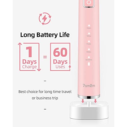 7am2m Sonic Electric Toothbrush with 6 Brush Heads for Adults and Kids, Wirel...