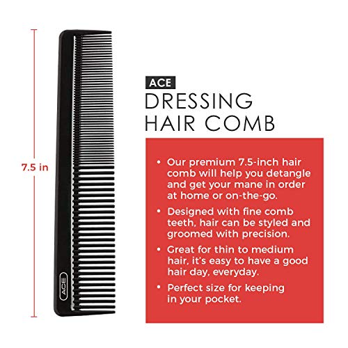 Ace Hair Dressing Comb - 7.5 Inch, Black - Great for All Hair Types - Fine Co...