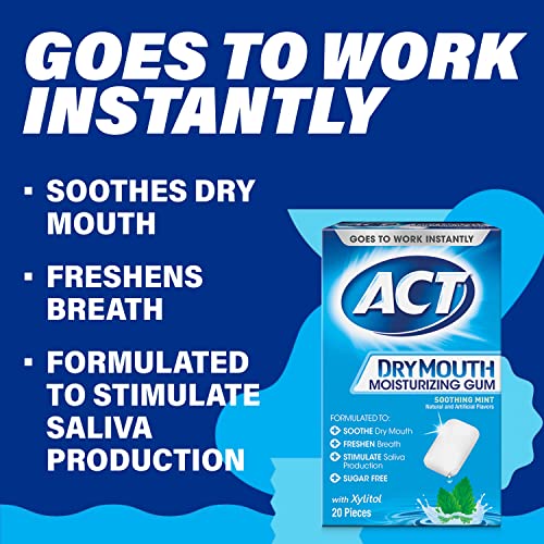 ACT Dry Mouth Moisturizing Gum, 20 Pieces, With Xylitol, Sugar Free Soothing ...