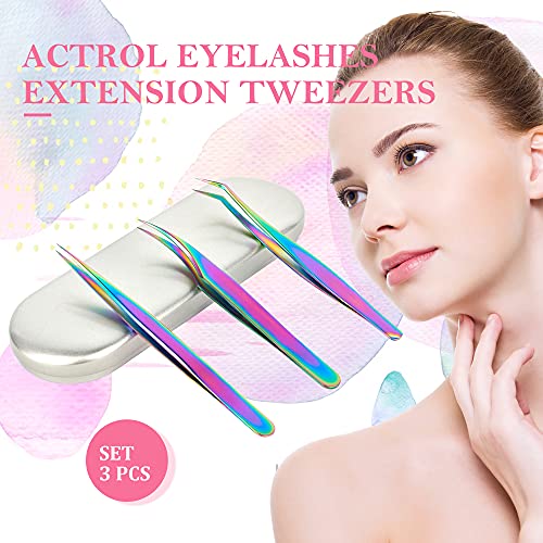 ACTROL Rainbow Eyelash Extension Tweezers Set 3 PCS for Volume Lashes Stainle...