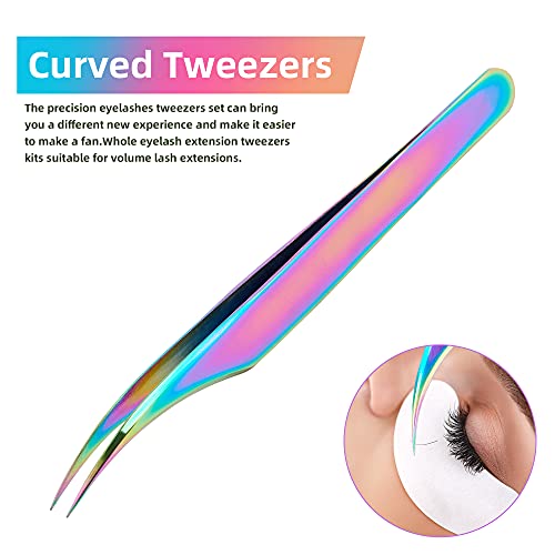 ACTROL Rainbow Eyelash Extension Tweezers Set 3 PCS for Volume Lashes Stainle...