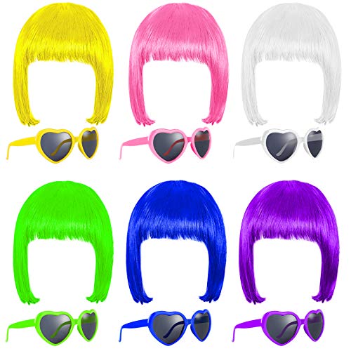 ADXCO 12 Pieces Party Wigs and Sunglass Set Include Neon Short Bob Wig Colorf...