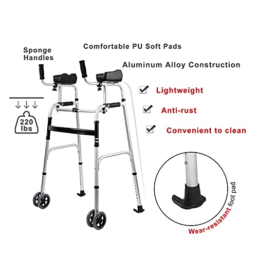AHB Folding Walker with 4 Wheels and Arm Rest Pad, Lightweight Standard Walke...
