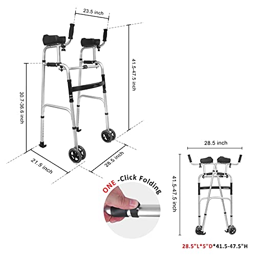 AHB Folding Walker with 4 Wheels and Arm Rest Pad, Lightweight Standard Walke...