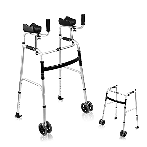 AHB Folding Walker with 4 Wheels and Arm Rest Pad, Lightweight Standard Walke...