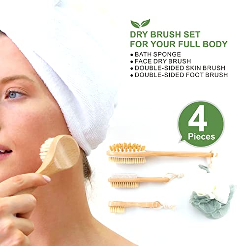 Dry Brushing Body Brush Set of 4, Bath Brush Long Handle for Shower, Natural ...