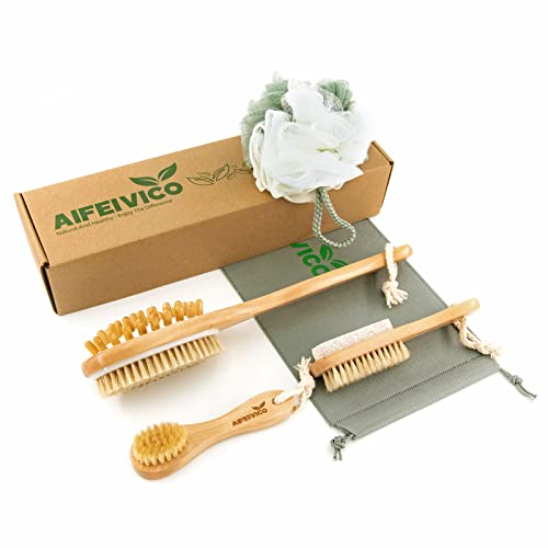 Dry Brushing Body Brush Set of 4, Bath Brush Long Handle for Shower, Natural ...