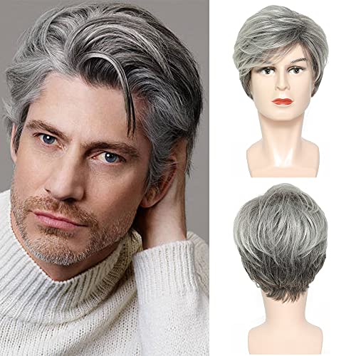 AILERIZSA Mens Grey Wigs Realistic Short Fluffy Layered Natural Looking Wig, ...