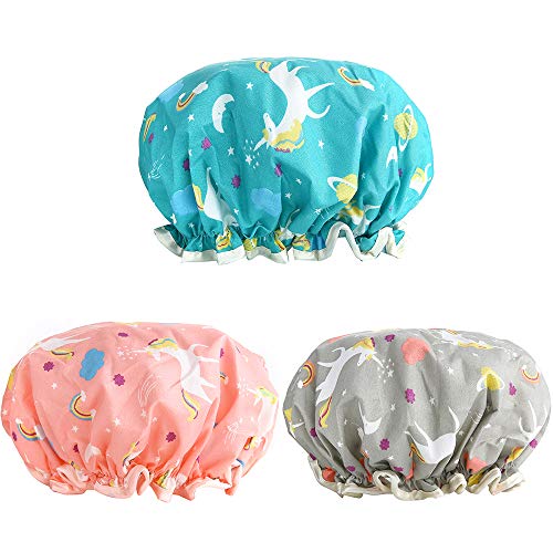 Shower Caps, 3 PACK Bath Cap for Women Waterproof & Adjustable Double Layered...