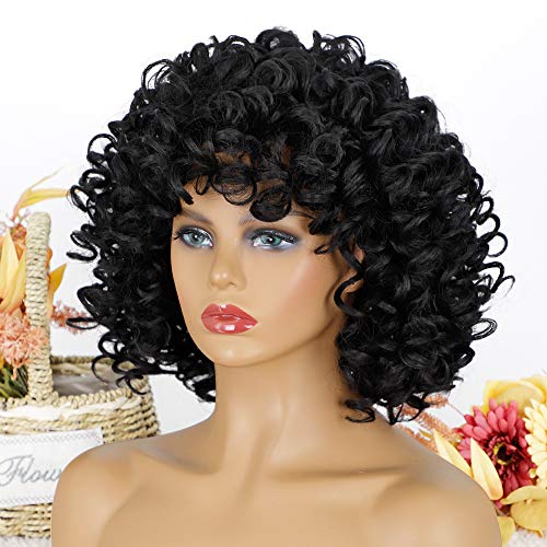 AISI HAIR Natural Black Afro Curly Hair Wig with Bangs for Black Women Synthe...