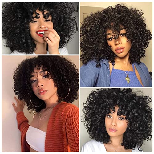 AISI HAIR Natural Black Afro Curly Hair Wig with Bangs for Black Women Synthe...