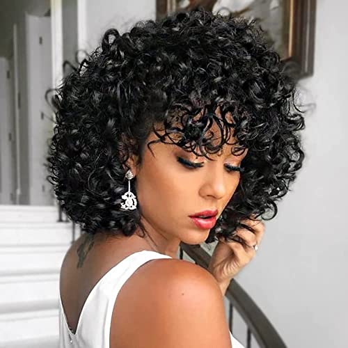 AISI HAIR Natural Black Afro Curly Hair Wig with Bangs for Black Women Synthe...