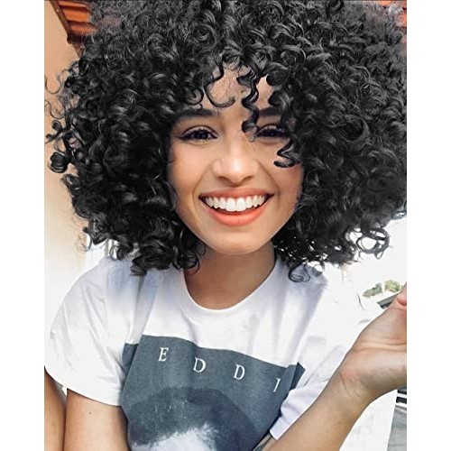 AISI HAIR Natural Black Afro Curly Hair Wig with Bangs for Black Women Synthe...