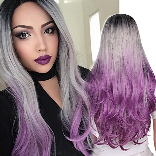 AISI HAIR Ombre Purple Wavy Side Part Wig Cosplay Long Curly Purple Hair for ...