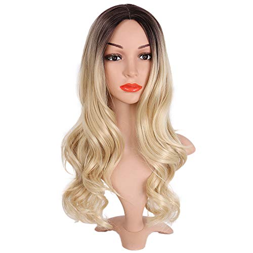 AISI QUEENS Long Curly Wig Ombre Blonde Wavy Wigs 2 Tone Blond Synthetic Cosp...