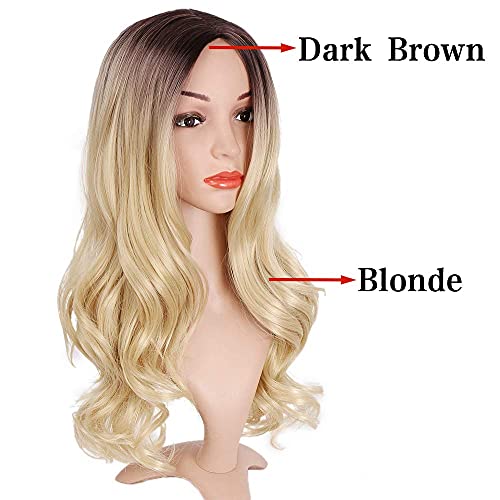 AISI QUEENS Long Curly Wig Ombre Blonde Wavy Wigs 2 Tone Blond Synthetic Cosp...
