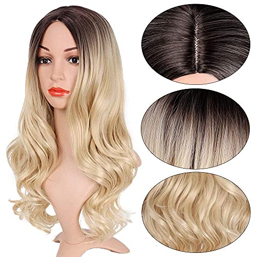 AISI QUEENS Long Curly Wig Ombre Blonde Wavy Wigs 2 Tone Blond Synthetic Cosp...