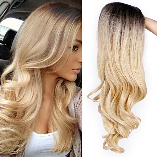 AISI QUEENS Long Curly Wig Ombre Blonde Wavy Wigs 2 Tone Blond Synthetic Cosp...