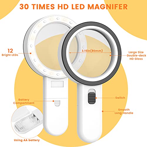 Magnifying Glass with Light, 30X Handheld Large Magnifying Glass 12 LED Illum...