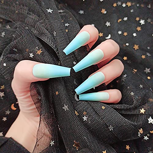 Extra Long Press on Nails Rainbow Gradient Ballerina Coffin False Nails Solid...
