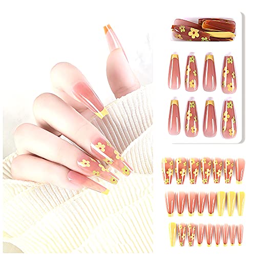 Luxury Fake Nails Tips Coffin Matte Acrylic Nails Press on Nails Golden Love ...