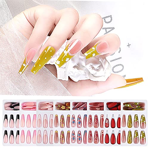 Luxury Fake Nails Tips Coffin Matte Acrylic Nails Press on Nails Golden Love ...