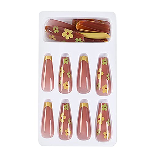 Luxury Fake Nails Tips Coffin Matte Acrylic Nails Press on Nails Golden Love ...