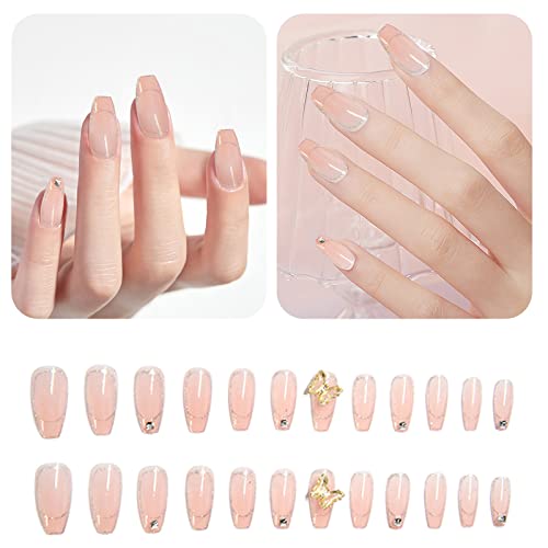 Press On Nails French Heart And Bowknot Pattern ,3DFake Nails With Design Fal...