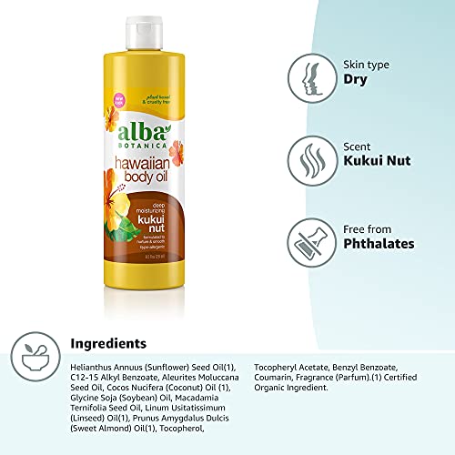 Alba Botanica Hawaiian Body Oil, Deep Moisturizing Kukui Nut, 8.5 Oz (Packagi...