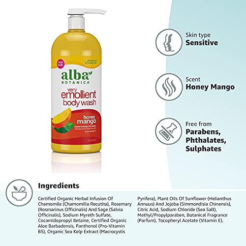 Alba Botanica Very Emollient Bath & Shower Gel, Honey Mango, 32 Fl Oz (Packag...