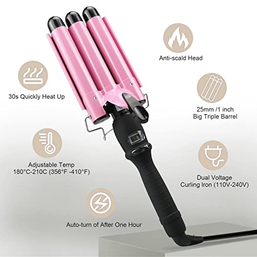 3 Barrel Curling Iron Wand Dual Voltage Hair Crimper with LCD Temp Display - ...