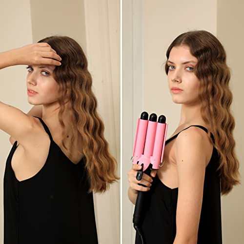 3 Barrel Curling Iron Wand Dual Voltage Hair Crimper with LCD Temp Display - ...