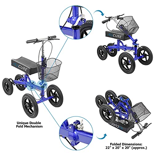 AllCure Quad All Terrain Foldable Medical Steerable Knee Walker Scooter, Blue...