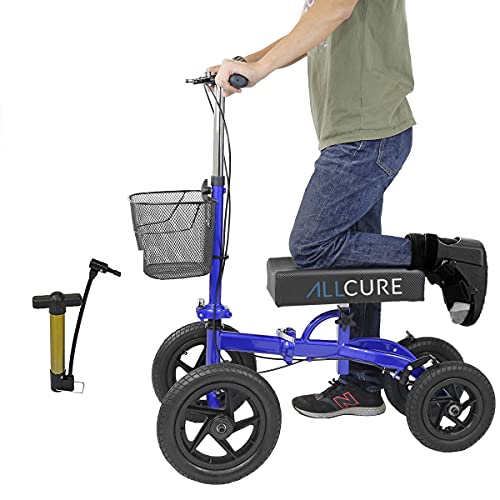 AllCure Quad All Terrain Foldable Medical Steerable Knee Walker Scooter, Blue...