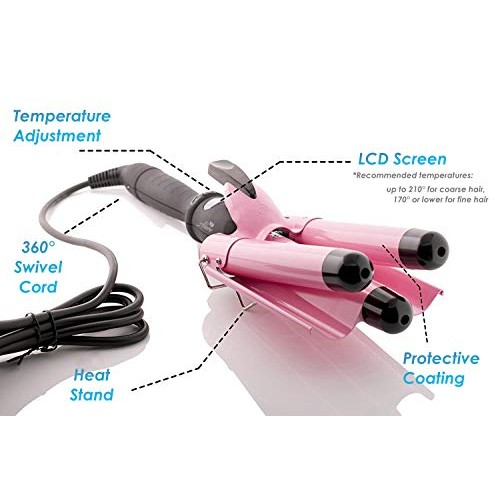 Alure Three Barrel Curling Iron Wand with LCD Temperature Display - 1 Inch Ce...