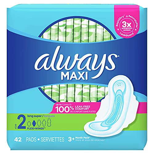 Always Maxi Pads Size 2 Long Super Absorbency Unscented with Wings, 42 Count