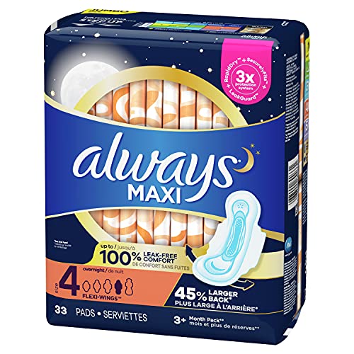 Always Maxi Pads Size 4 Overnight Absorbency Unscented with Wings, 33 Count