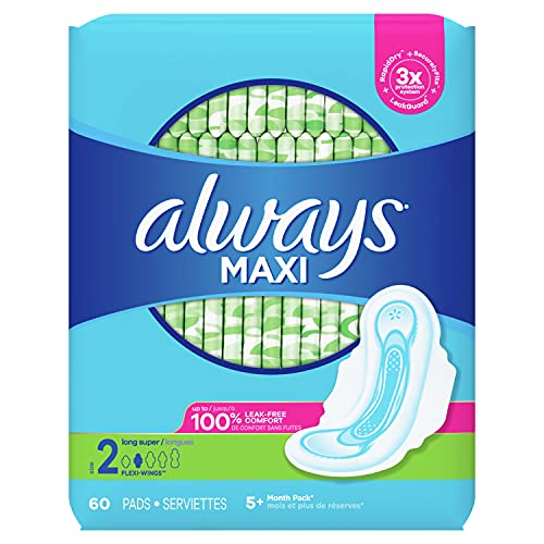 ALWAYS Maxi Size 2 Super Pads With Wings Unscented, 60 Count
