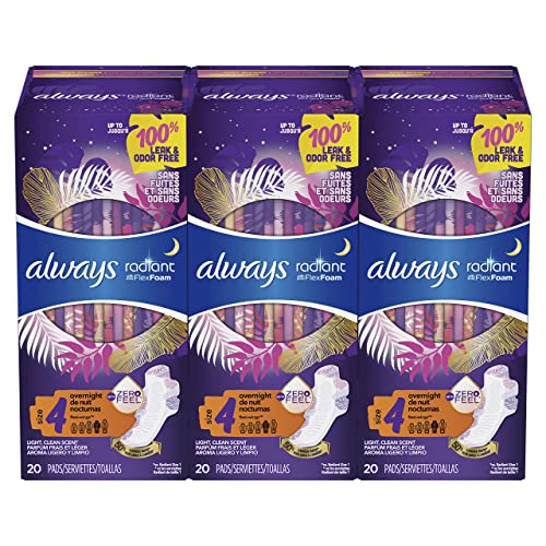 Always Radiant Feminine Pads for Women, Size 4, 60 Count, Overnight Absorbenc...