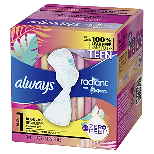 Always Radiant FlexFoam Teen Pads Regular Absorbency, 100% Leak Free Protecti...