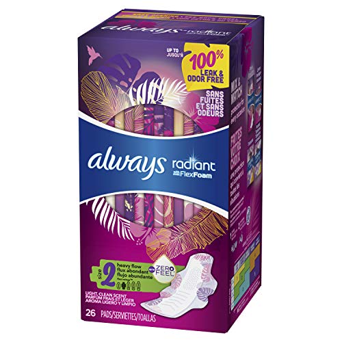 Always Radiant Pads, Size 2, Heavy Flow Absorbency, Light Clean Scent, 26 Cou...