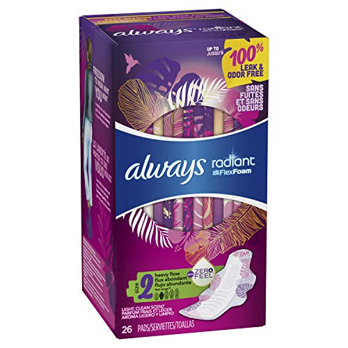 Always Radiant Pads, Size 2, Heavy Flow Absorbency, Light Clean Scent, 26 Cou...