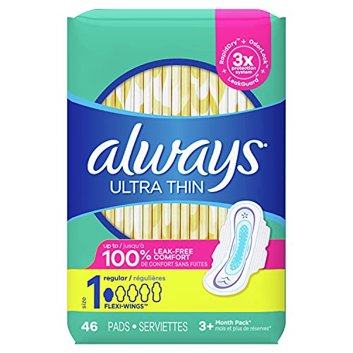 ALWAYS Ultra Thin Size 1 Regular Pads With Wings Unscented, 46 Count (Pack of 1)