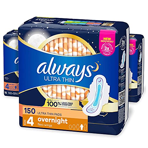 Always Ultra Thin, Size 4, Overnight Pads With Wings, Unscented, 50 Count (Pa...