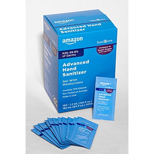 Amazon Basic Care Advanced Hand Sanitizer, 160 Individual Gel Packets, Kills ...